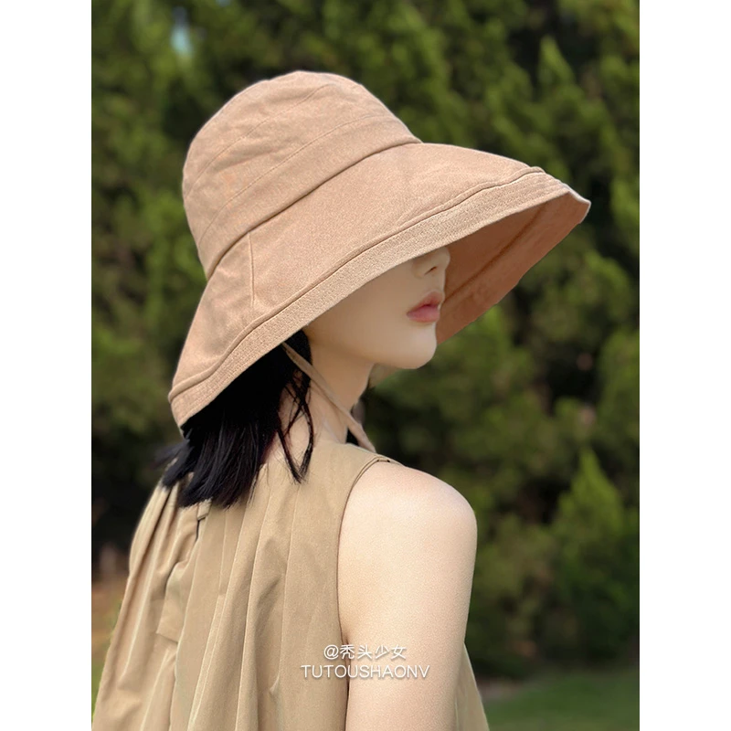 日系纯色超大檐棉麻防晒渔夫帽子女夏季防紫外线遮阳帽百搭春夏