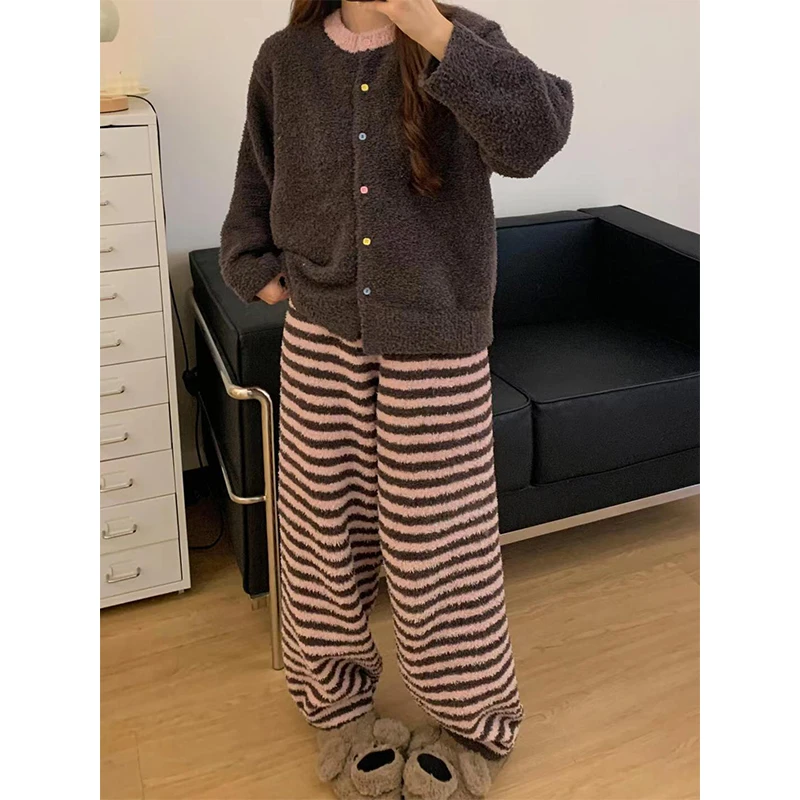 韩版少女条纹半边绒睡衣女冬季美拉德咖色加厚保暖大码家居服套装