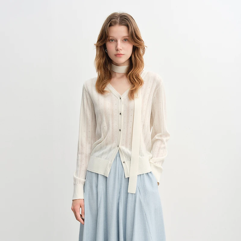 大码女装【浮雕艺术】V领针织开衫秋新款飘带花边上衣25DS83163