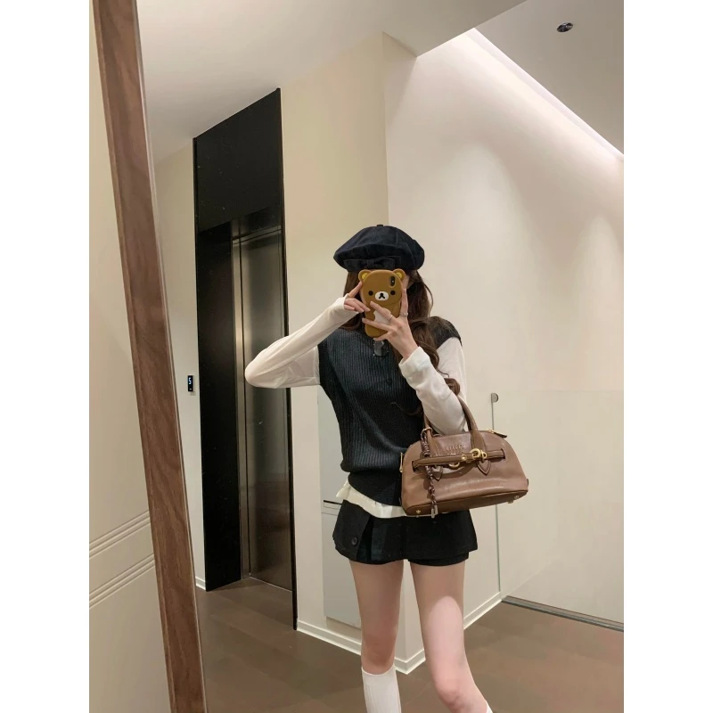 韩系穿搭一整套女早秋季气质高级感针织背心打底衫百搭裙裤三件套