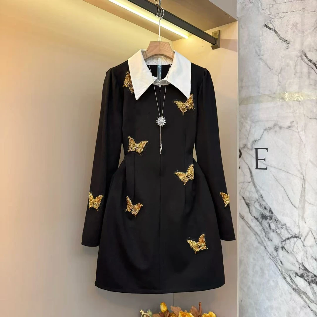 欧货时尚气质新款翻领拼接蝴蝶结设计感显瘦2025胖妹妹连衣裙7522