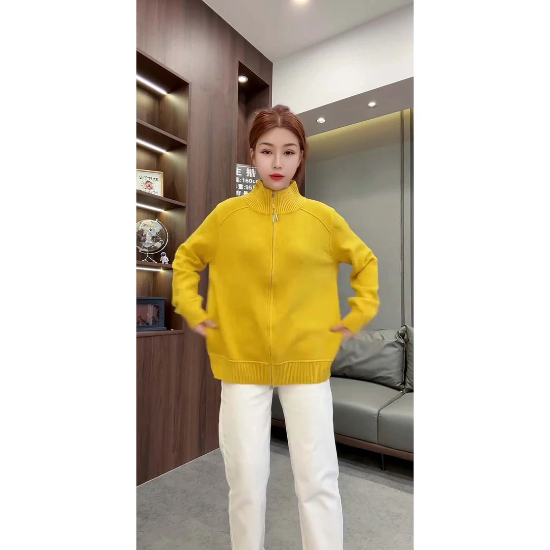 秋季新款时尚百搭设计感立领双拉链长袖针织毛衣