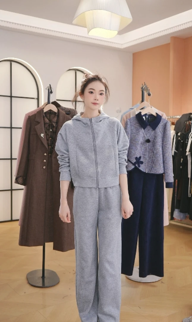 F3057灰色休闲运动套装女春秋韩版高级感收腰显瘦开衫卫衣两件套