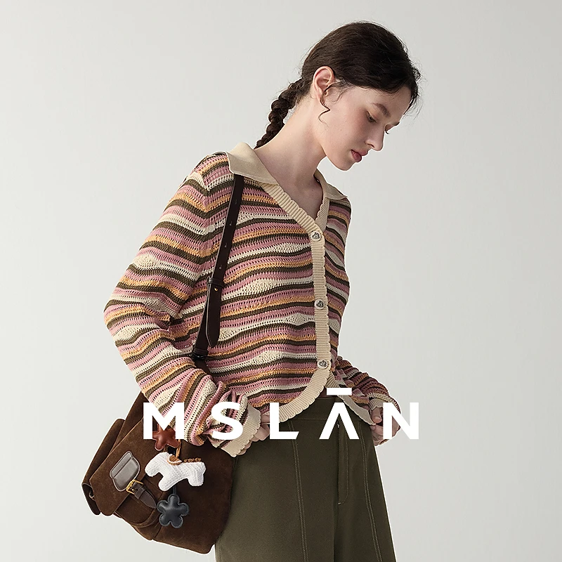 MSLAN|商场同款春季新款V领条纹针织开衫外套女MGAW142