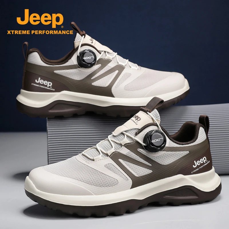 JEEP吉普运动男鞋2025新款网面透气旋转纽扣舒适方便免系带跑步鞋