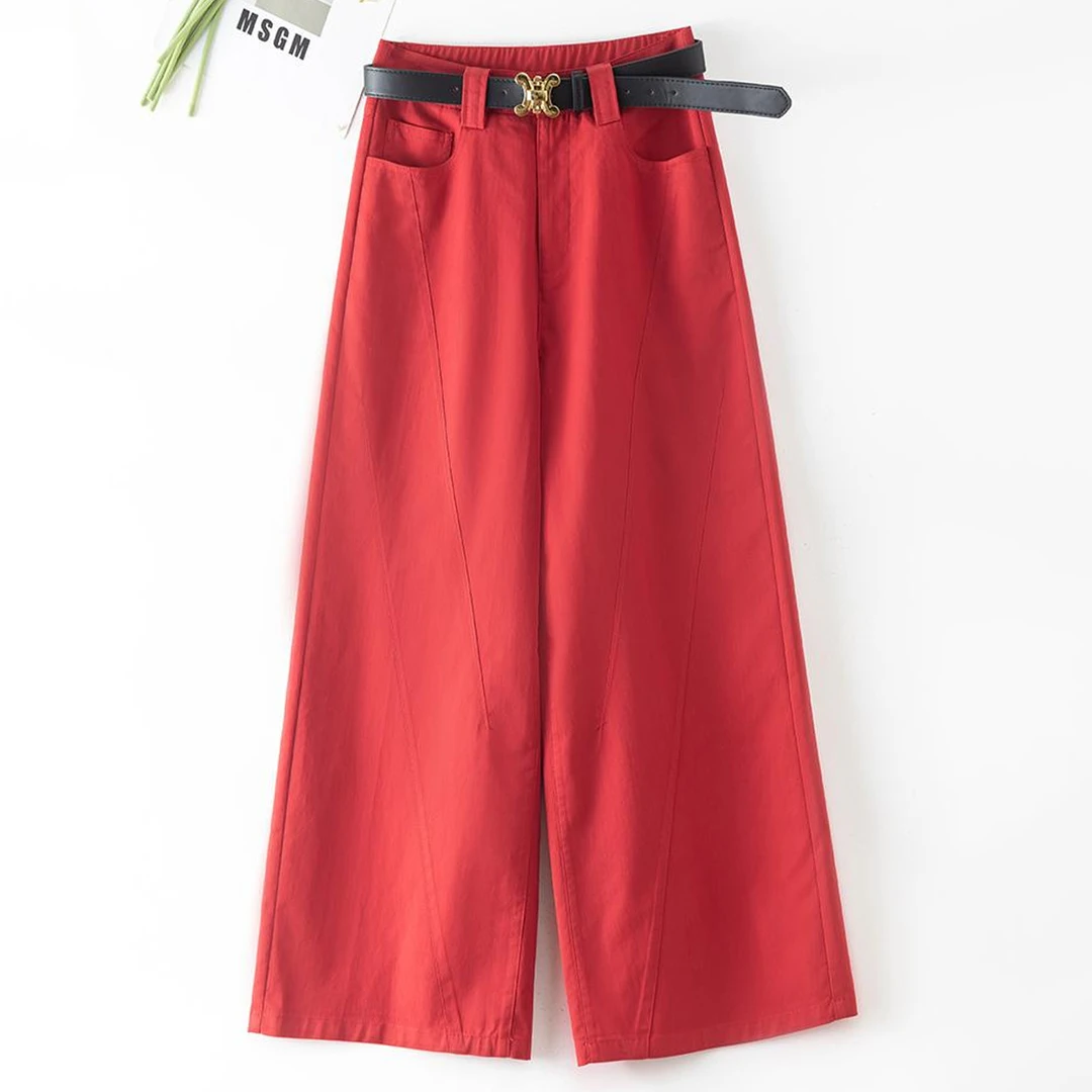 红色阔腿裤女春秋季2025年新款休闲裤高腰宽松A字版垂感直筒裤子