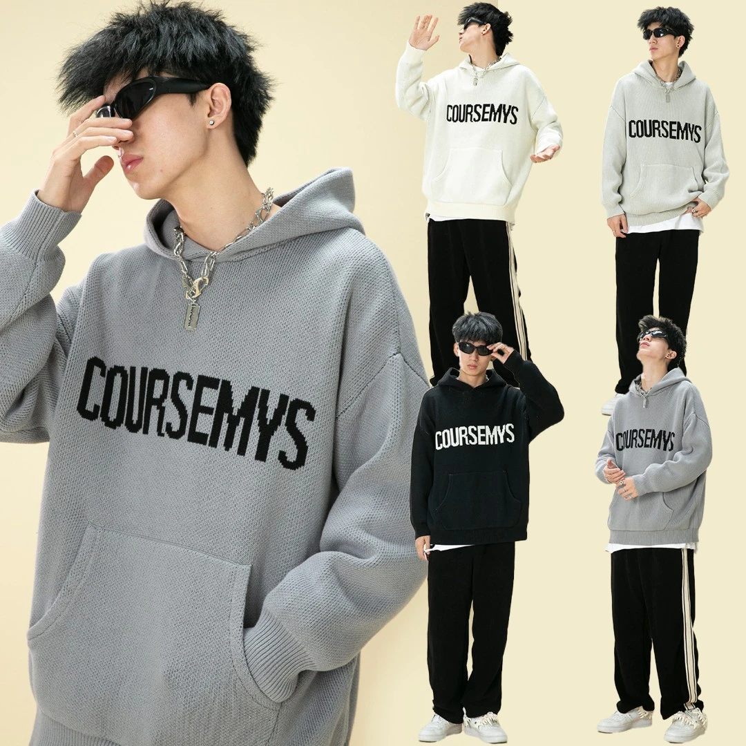 聪明陈 自制简约字母连帽针织衫男女同款宽松休闲毛衣潮