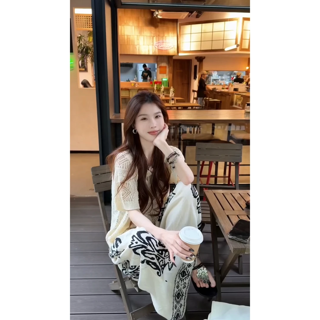 老钱风松弛感钩花镂空针织开衫女夏季新款高腰图腾休闲阔腿裤套装