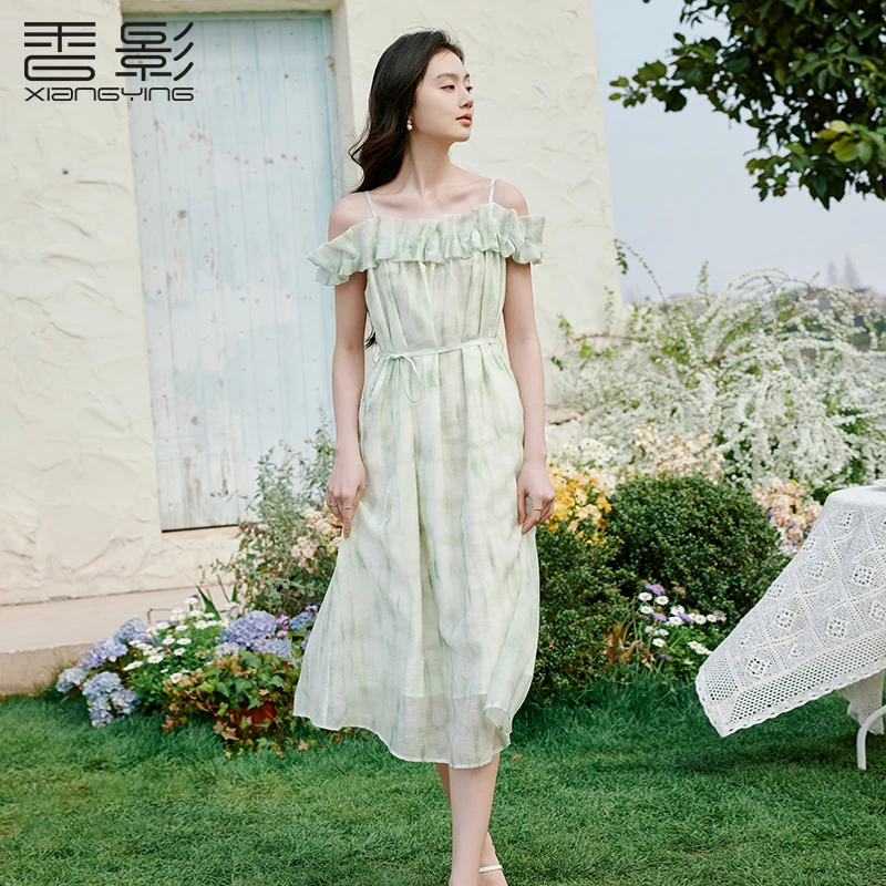 L85S580连衣裙 香影吊带一字肩连衣裙女夏装新款收腰系带小清新