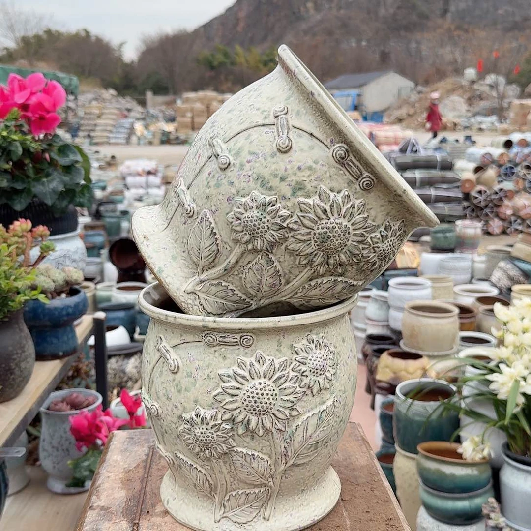 紫砂花盆口20高20（两个太阳花彩色加大号