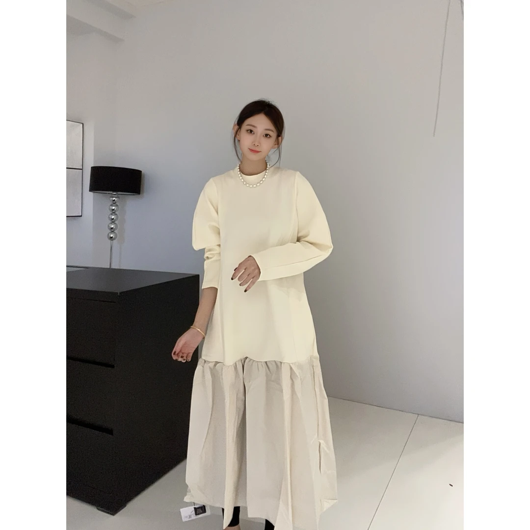 法式小众设计感法式复古拼接抽绳收腰连衣裙3701-01