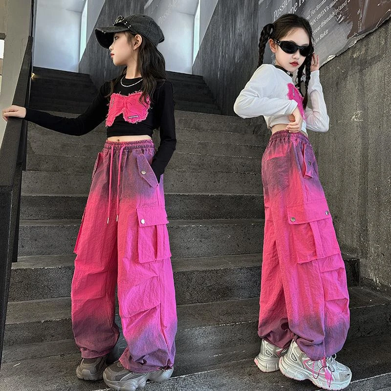 女童秋季秋装套装新款渐变扎染工装裤中大童女孩休闲两件套潮