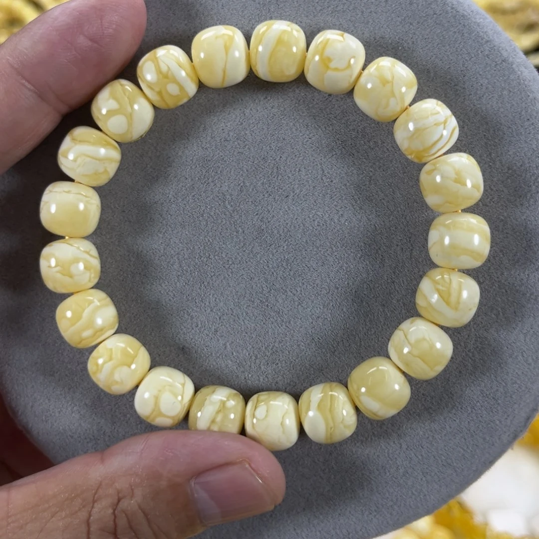 蜜蜡手串未镶嵌俄料同料瓷白花虎皮