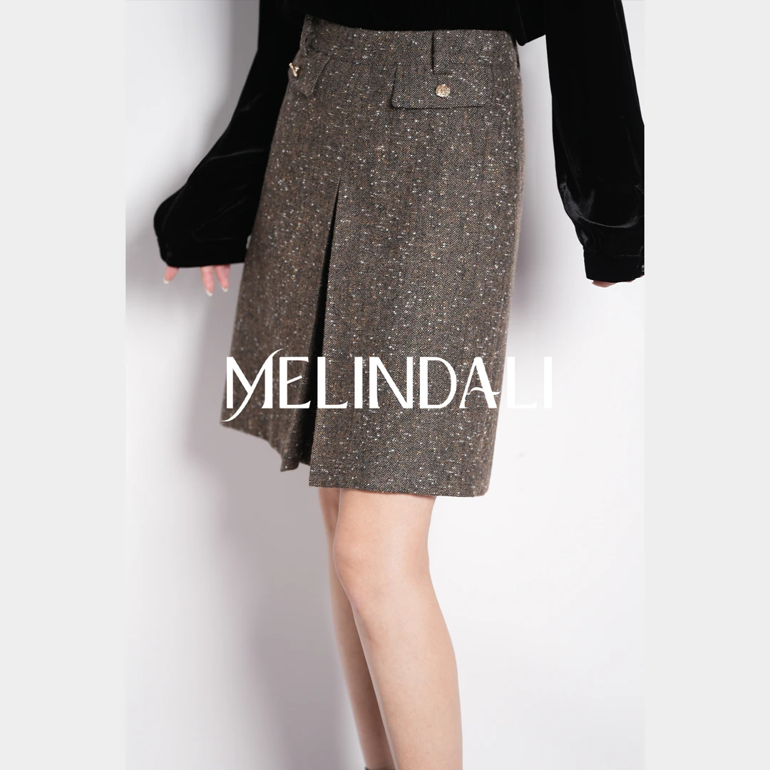 Melinda Li【私藏可可】梦颖私服金葱绵羊毛斜纹压褶高腰马术裙半裙