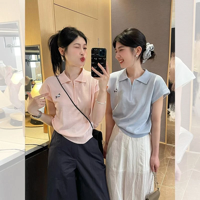 Polo领小飞袖针织短款上衣女2025年夏季独特漂亮正肩短袖t恤女装