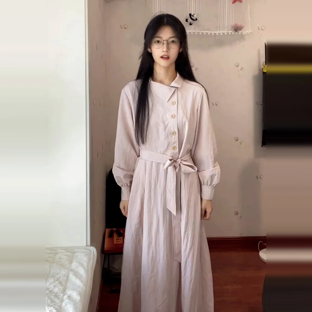 粉色长袖衬衫2025早初秋季新款法式气质高级感穿搭长裙6604