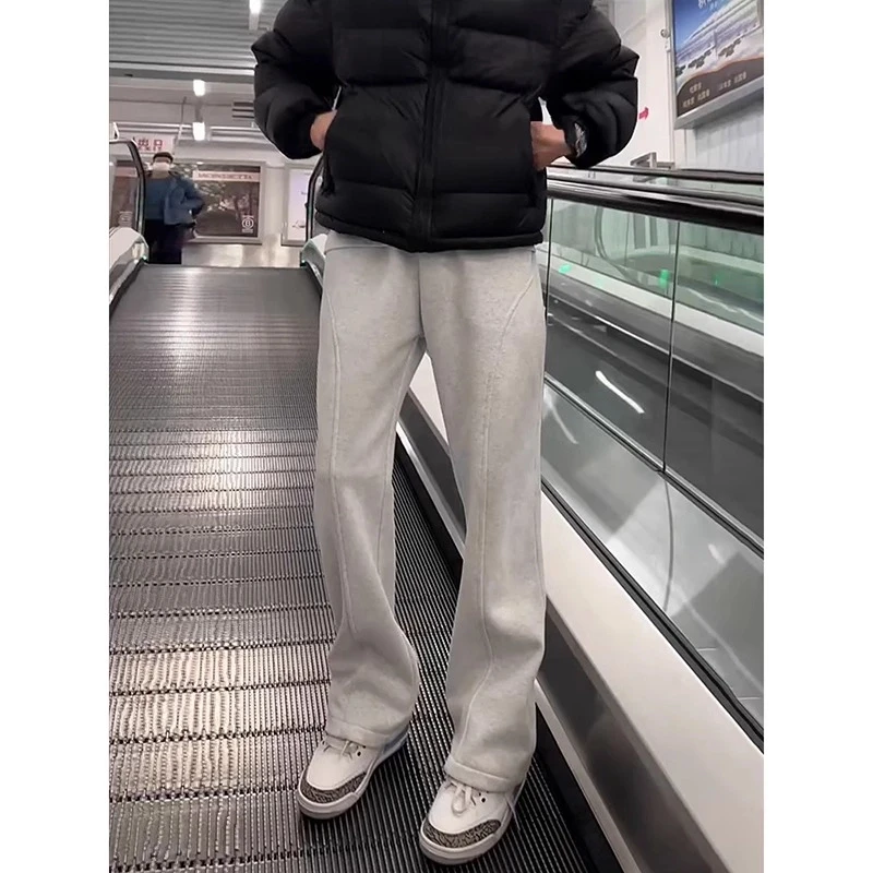 花灰色美式弯刀卫裤男款秋冬加绒加长裤子显瘦直筒微喇斜切休闲裤