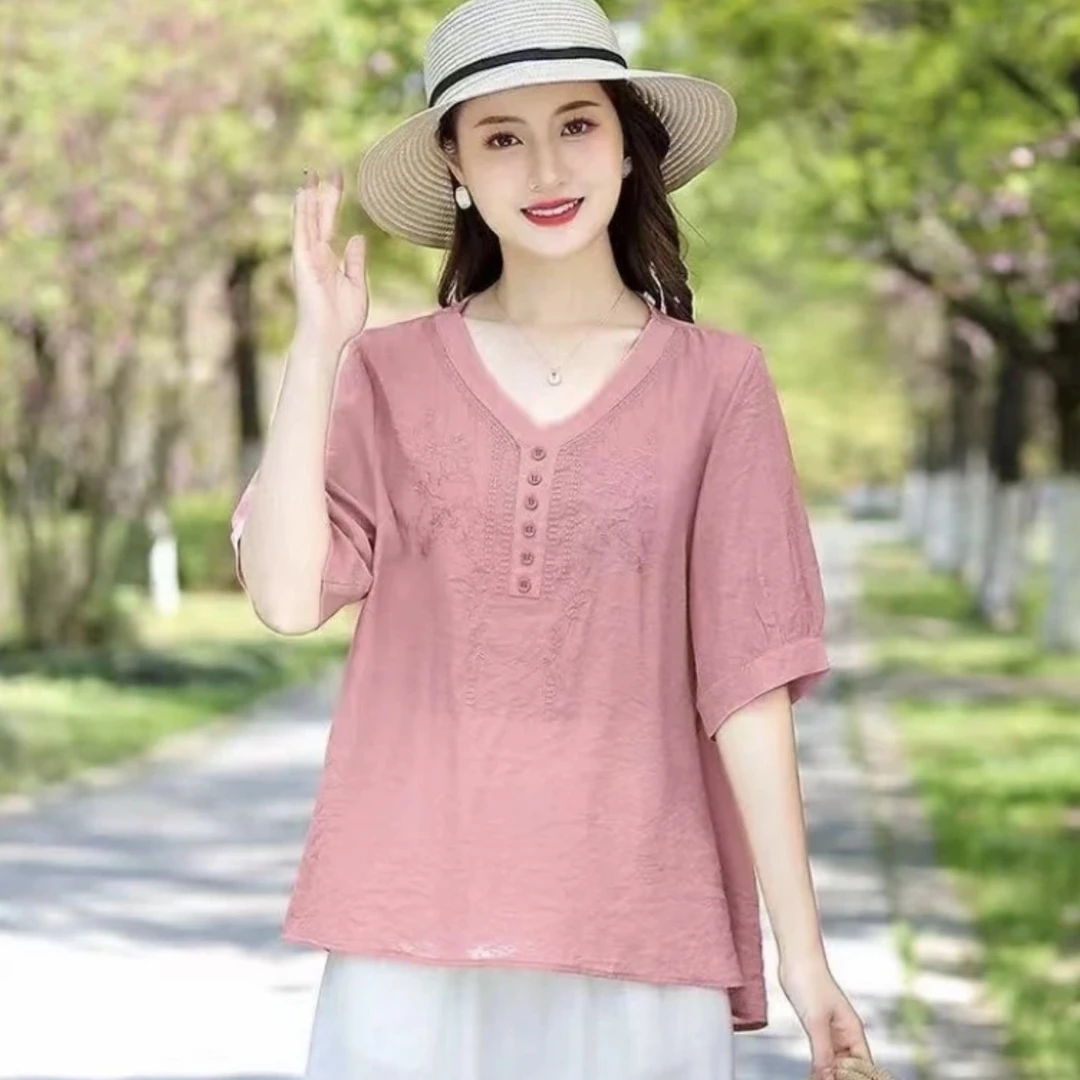 2025女夏季新款宽松妈妈装纯色刺绣短袖T恤中老年款