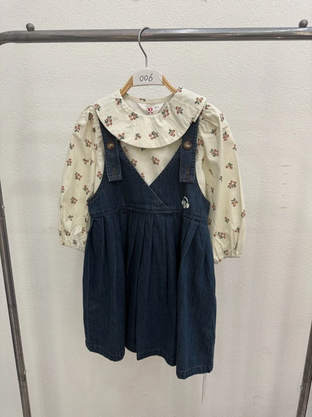 006 牛仔背带裙套装植物花卉秋季女纯色春季连衣裙女宝