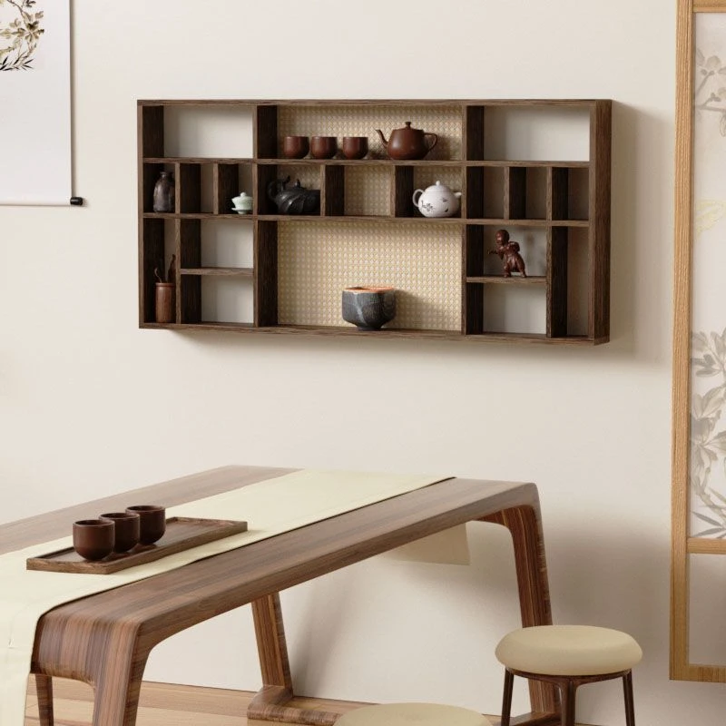 家用简约复古双层置物架泡桐木中式壁挂多宝阁格子收纳架子