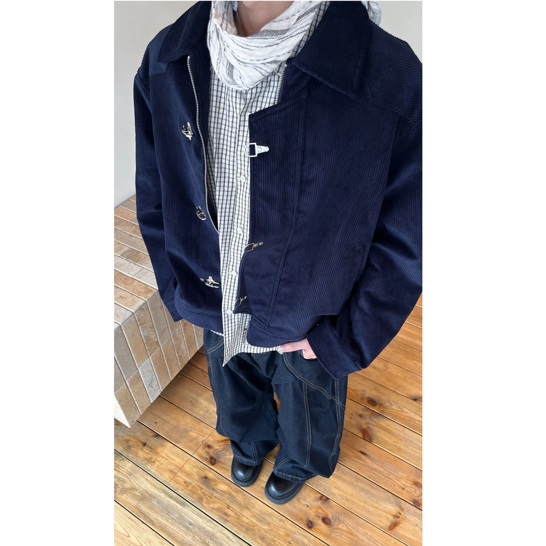 Syri 复古仿灯芯绒双门襟肩部造型飞机口开合方领哈灵顿夹克外套