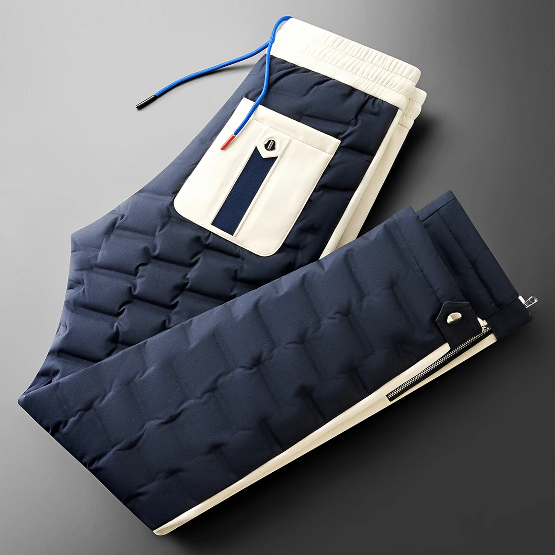 埃卢涅芬冬季加厚保暖白鸭绒时尚撞色拼接外穿防水直筒休闲羽绒裤