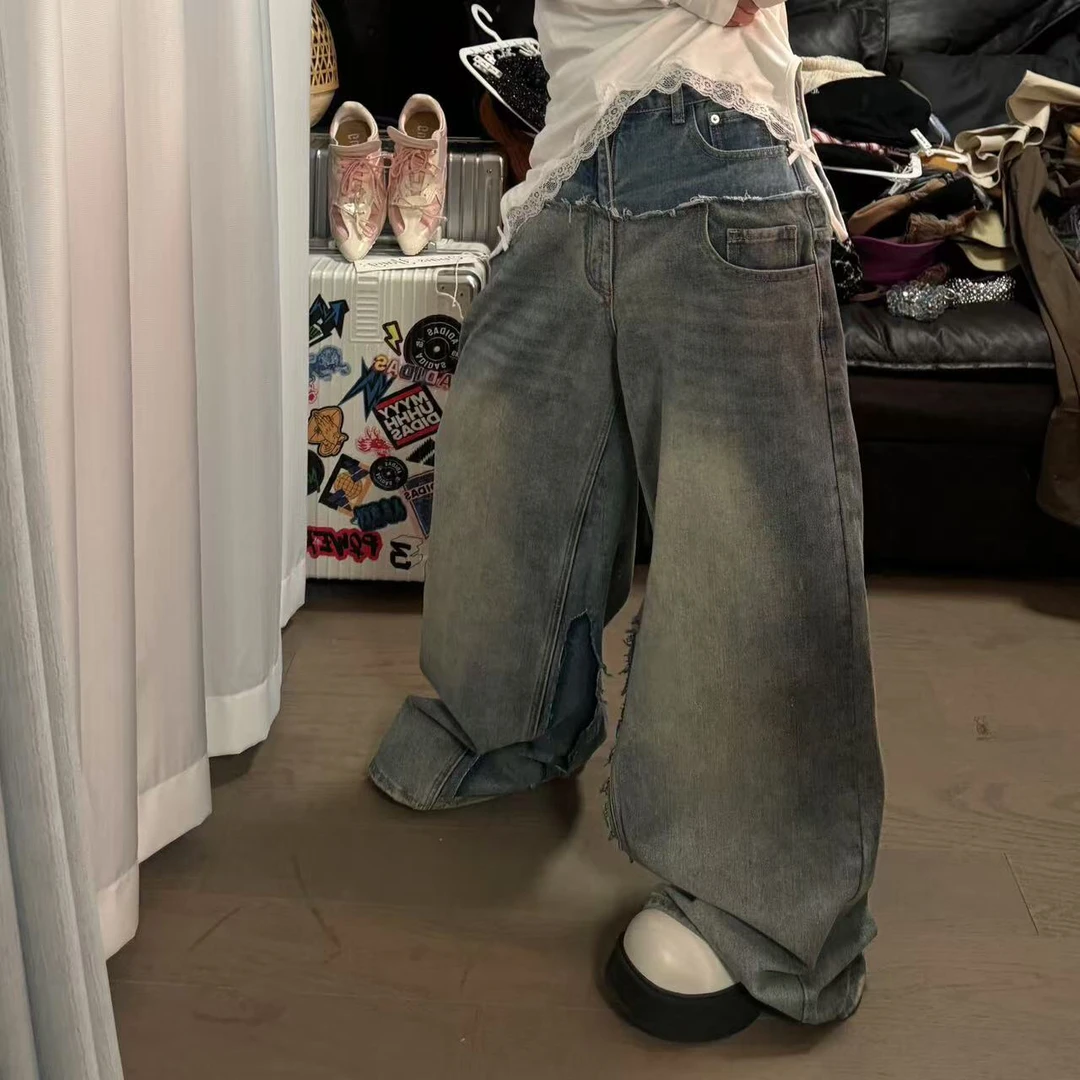辣妹双腰小众阔腿牛仔裤