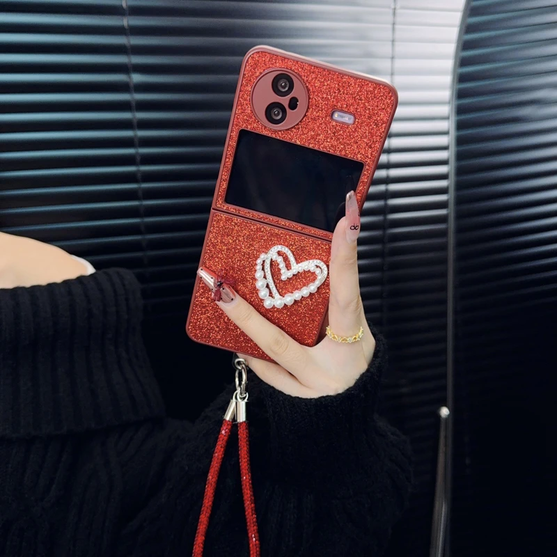 适用vivoxflip手机壳新款xflip套vivo轻奢新年红细闪雪花珍珠女款