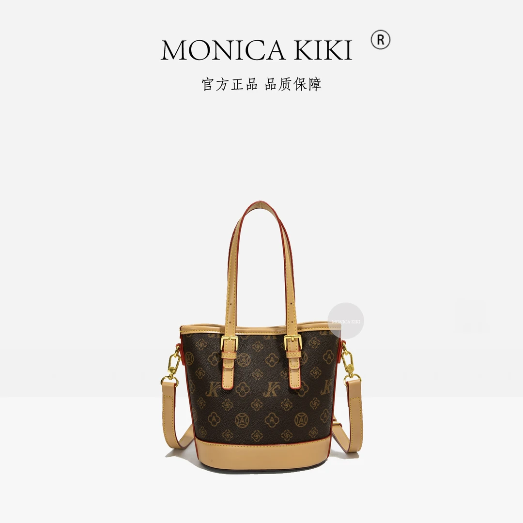 2025新款复古全袋印花棕色水桶包肩包托特包饺子包单肩斜挎包水桶