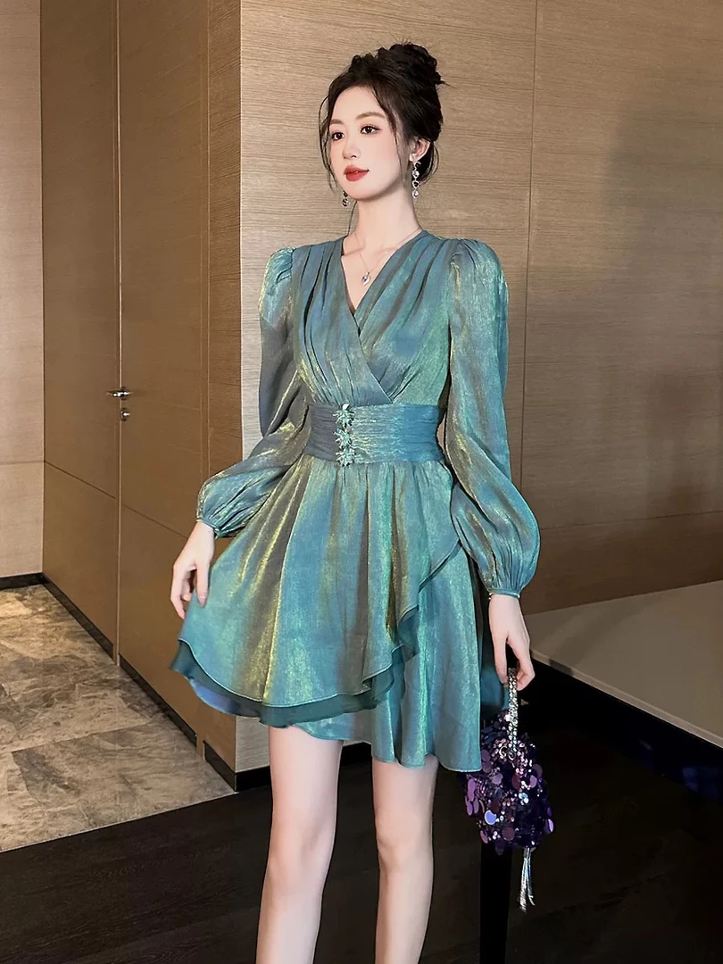 春季新款连衣裙女缎面收腰不规则设计小众轻奢礼服短裙子8450