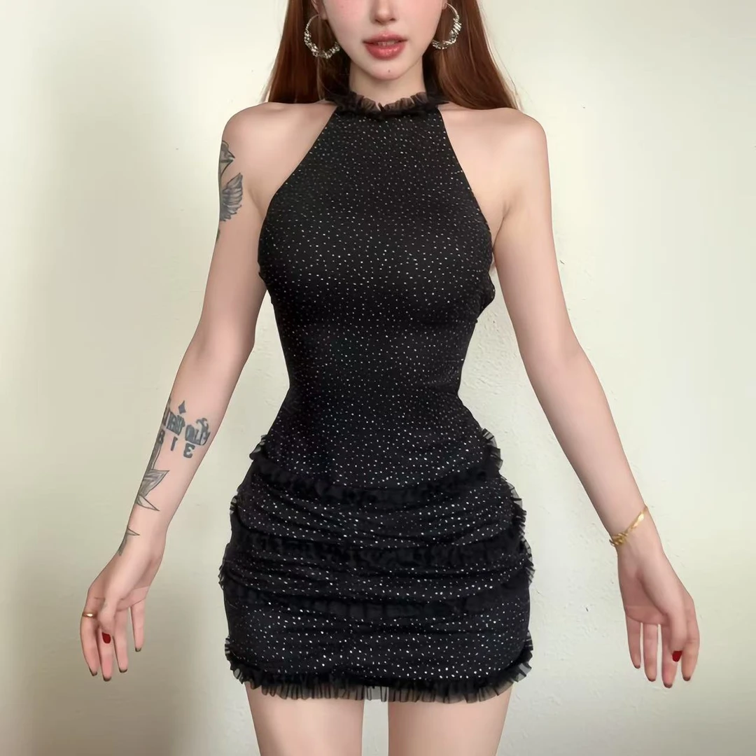 龙怼怼推荐【古希腊】显瘦辣妹性感夏季显白修身挂脖褶皱露背细闪