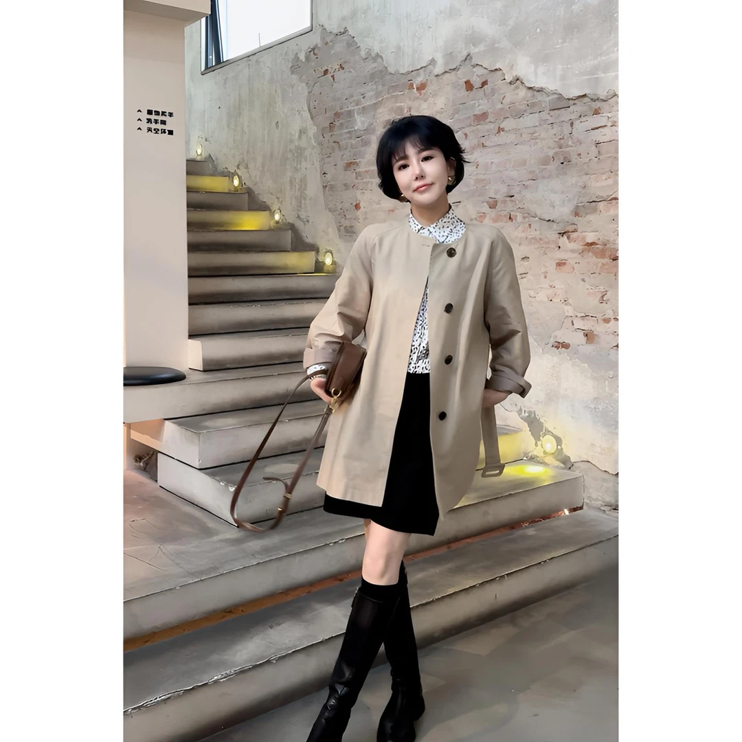 风衣外套女2025新款爆款洋气早秋中长款风衣收腰圆领百搭通勤外套