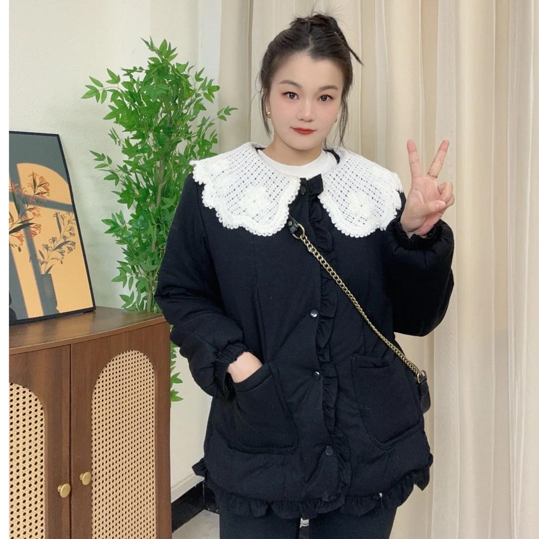 【黑色毛线翻领】棉衣蕾丝保暖常规款拼接女士棉服娃娃领宽松型