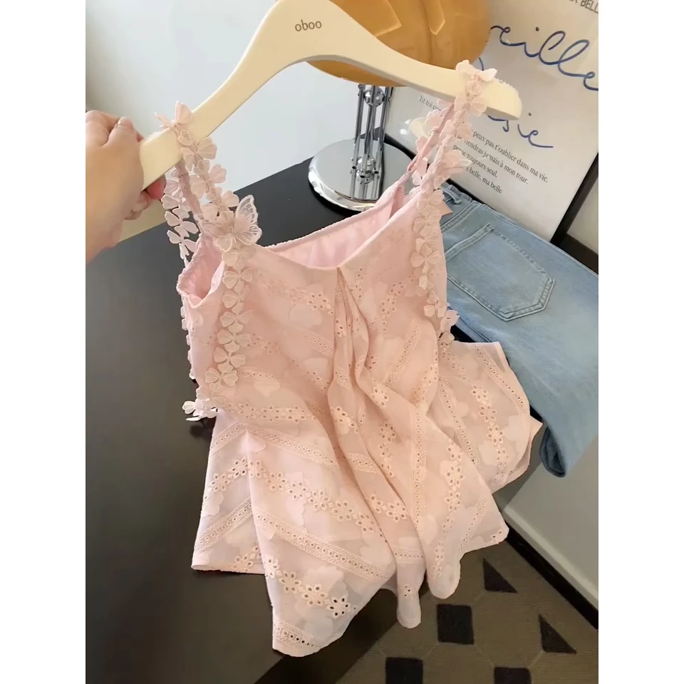 立体花朵褶皱吊带背心女夏季2025新款度假风镂空设计感外穿上衣潮