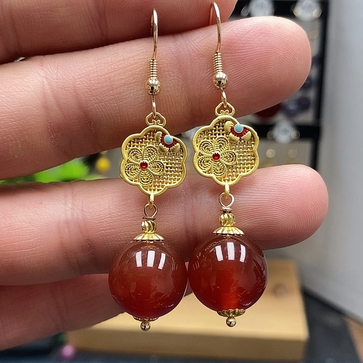 南红玛瑙银S925镀金镶嵌耳饰尺寸14mm