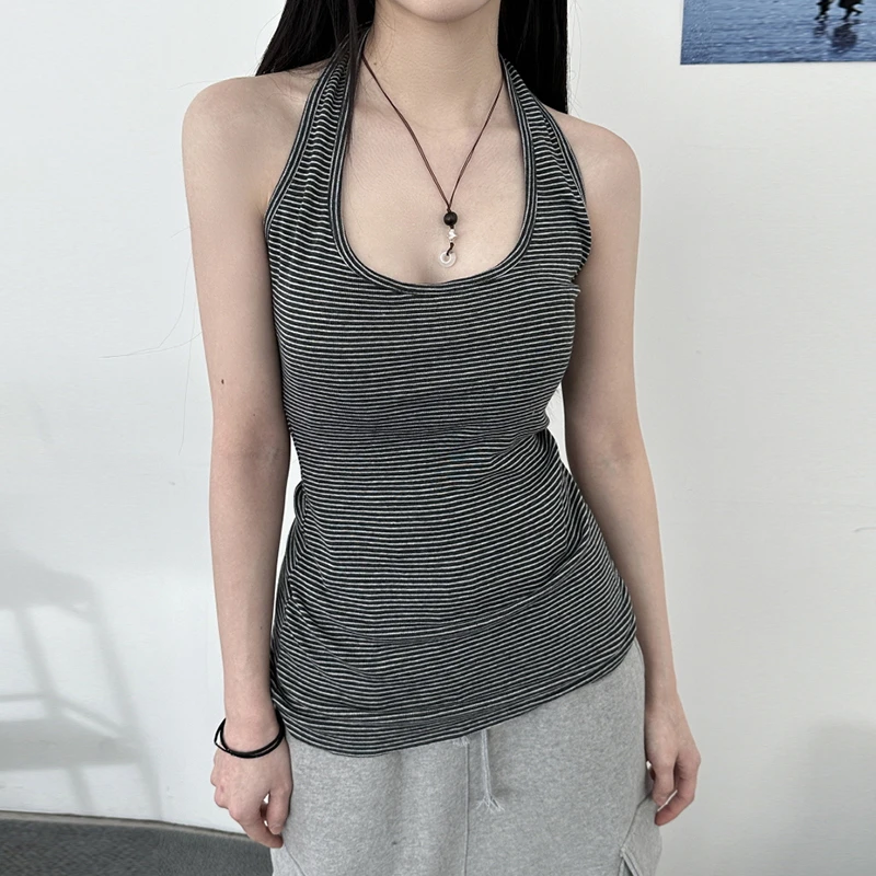 美式辣妹撞色黑白条纹挂脖吊带背心女夏季新款无袖外穿短款上衣潮