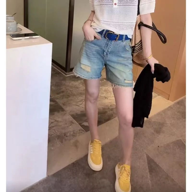 2025夏季薄款破洞高腰显瘦牛仔短裤女2025新款时尚百搭宽松直筒裤