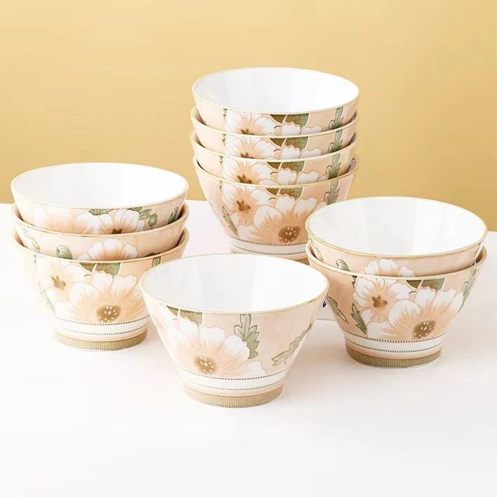 【清仓福利】5英寸大号山茶花斗笠米饭碗6个吃饭碗家用釉下彩餐具
