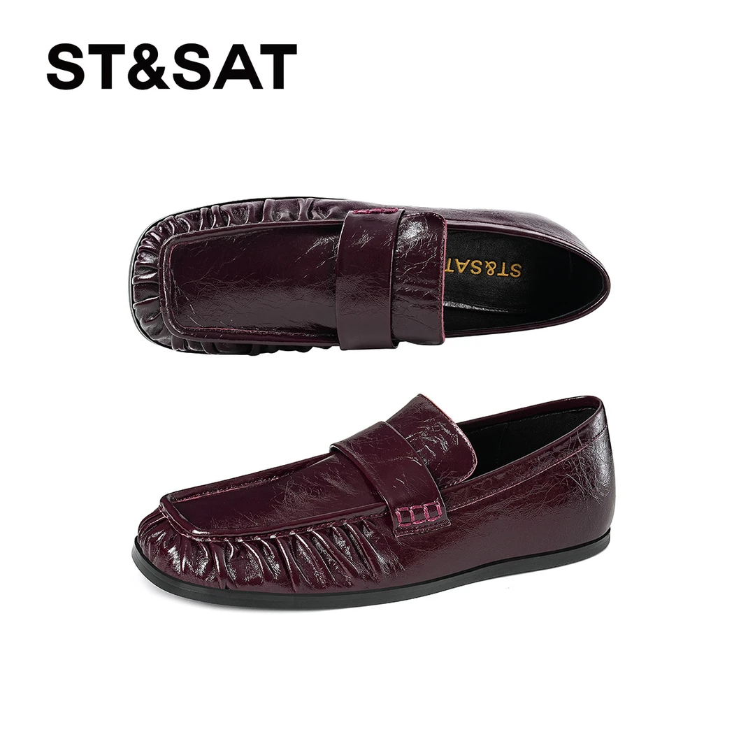 St&Sat/星期六方头百搭皮鞋黑色舒适褶皱平底单鞋星期六英伦乐福