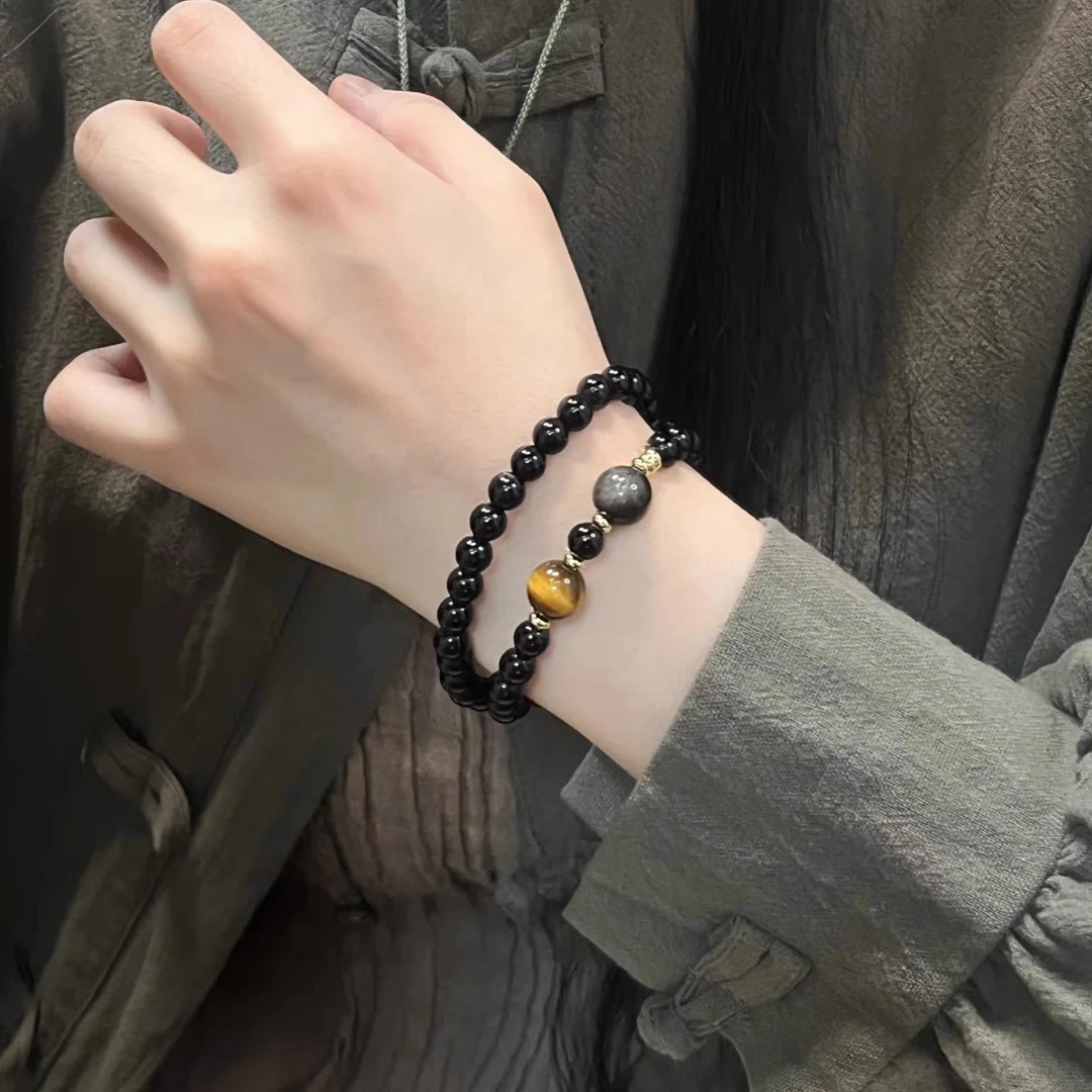【配国检证书】黑曜石搭配虎眼石双圈手串男女时尚文玩轻奢手链