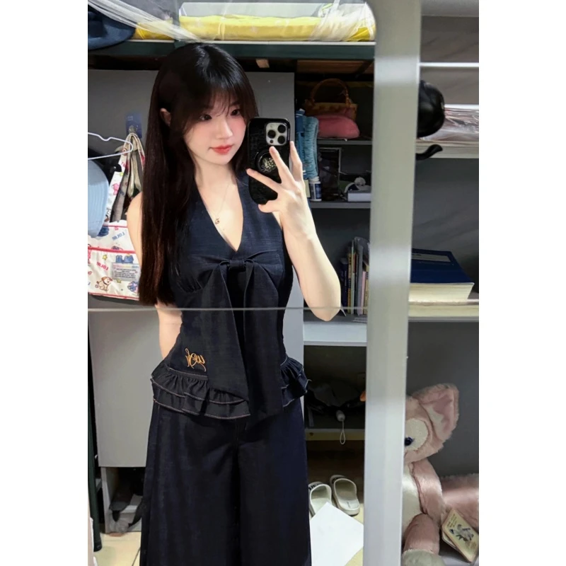 韩系纯欲复古蝴蝶结挂脖背心女新款藏青色牛仔直筒阔腿裤两件套潮