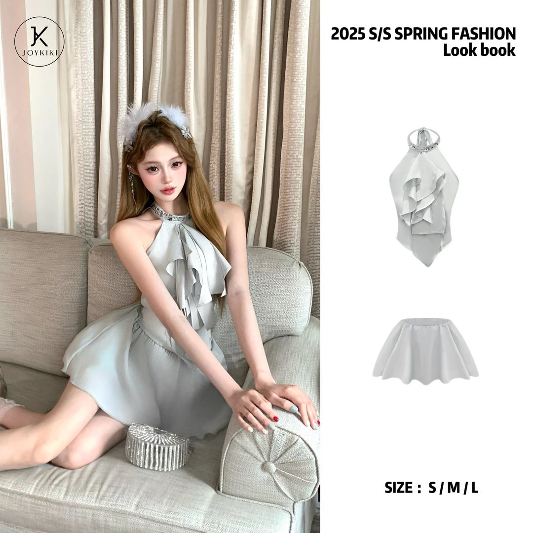 JOY KIKI金金【心动少女】少女甜美气质挂脖烫钻上衣套装J25A313