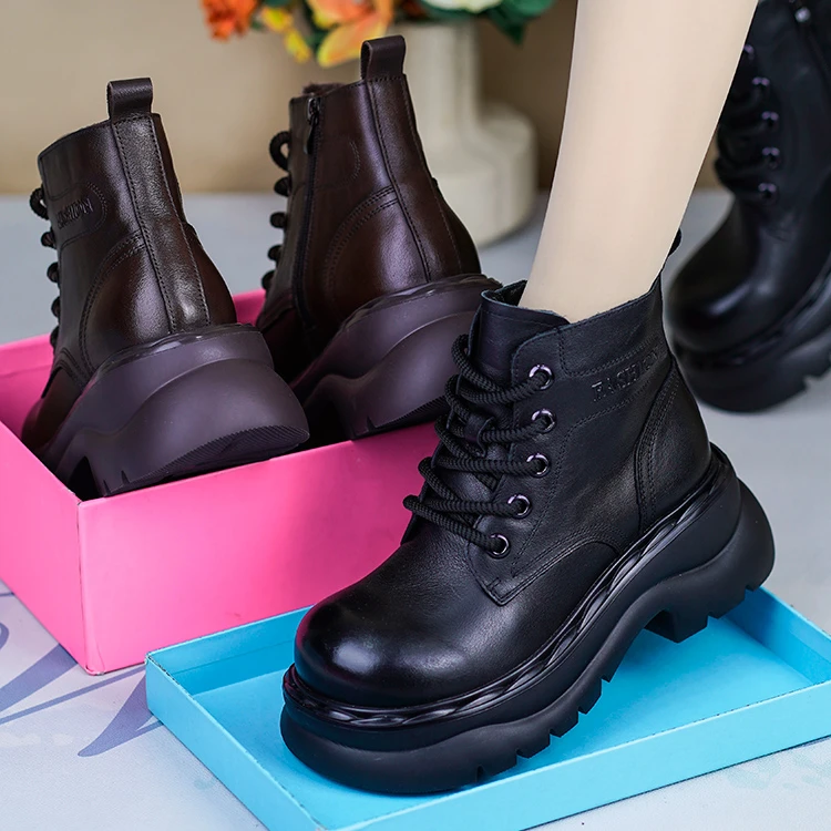 RY5319秋冬新款真皮休闲马丁靴女英伦风厚底机车靴小个子增高短靴