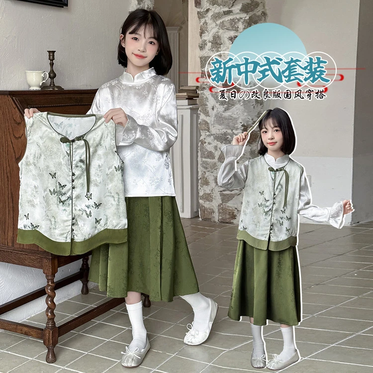 2025新秋套装中国风春秋印花女童中大童复古女孩秋季新中式古风