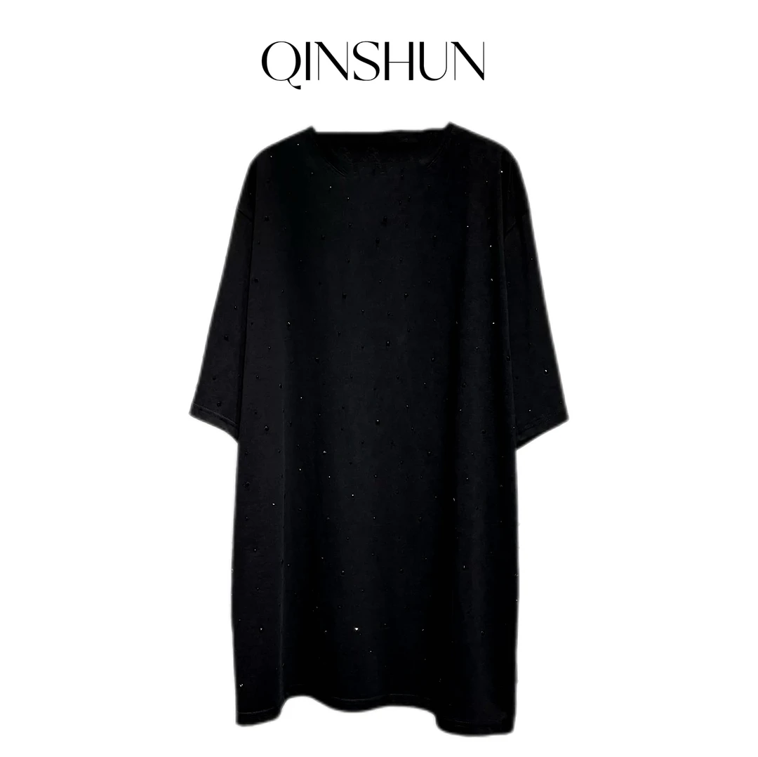 【浅浅 QINSHUN】休闲风重工亮钻宽松显瘦百搭纯色T恤长款上衣