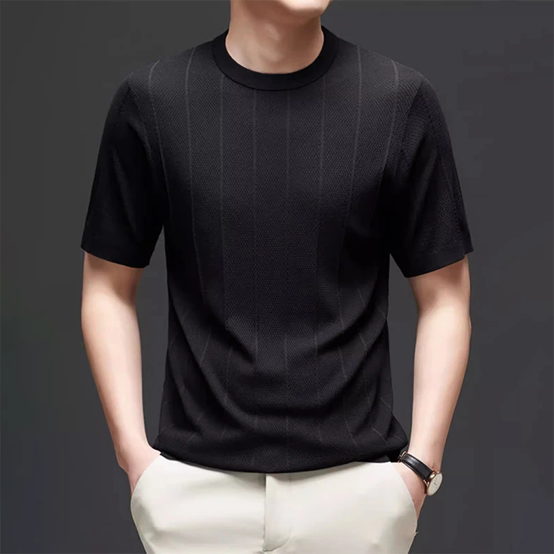 Louis Fordea/路易弗狄T恤短袖男士透气冰丝薄款男装条纹商务衬衫