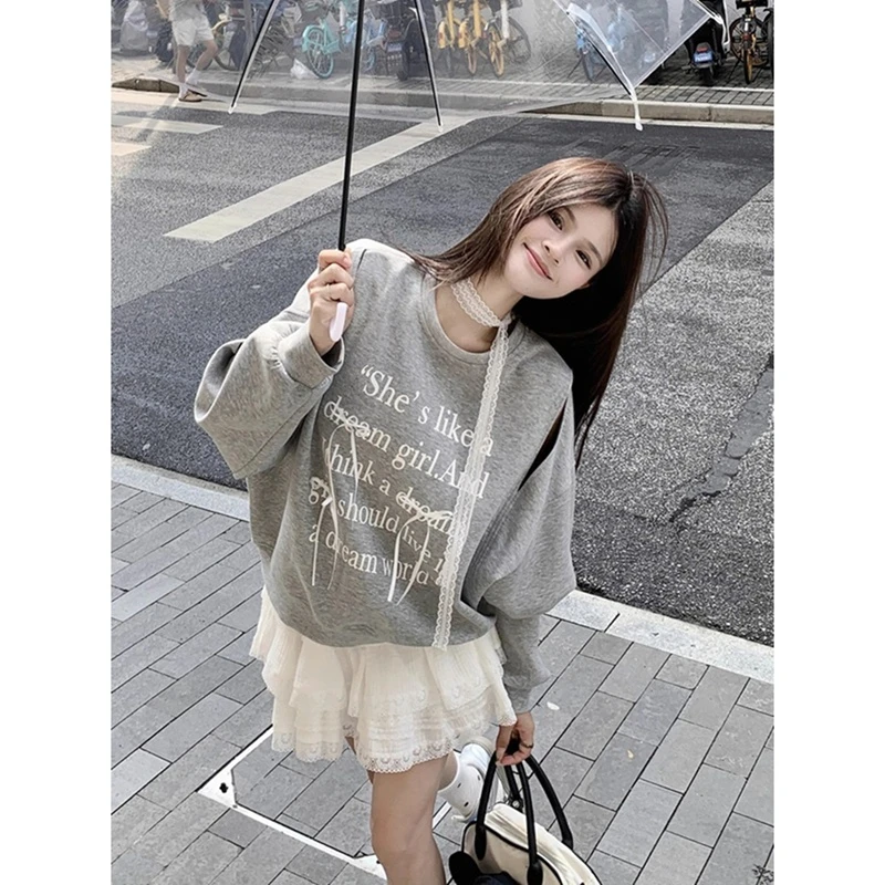 宽松休闲字母印花卫衣女长袖早秋季薄款设计感立体蝴蝶结镂空上