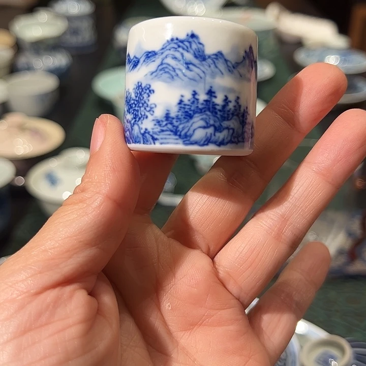 怡琅柴窑手工手绘山水扳指盖置