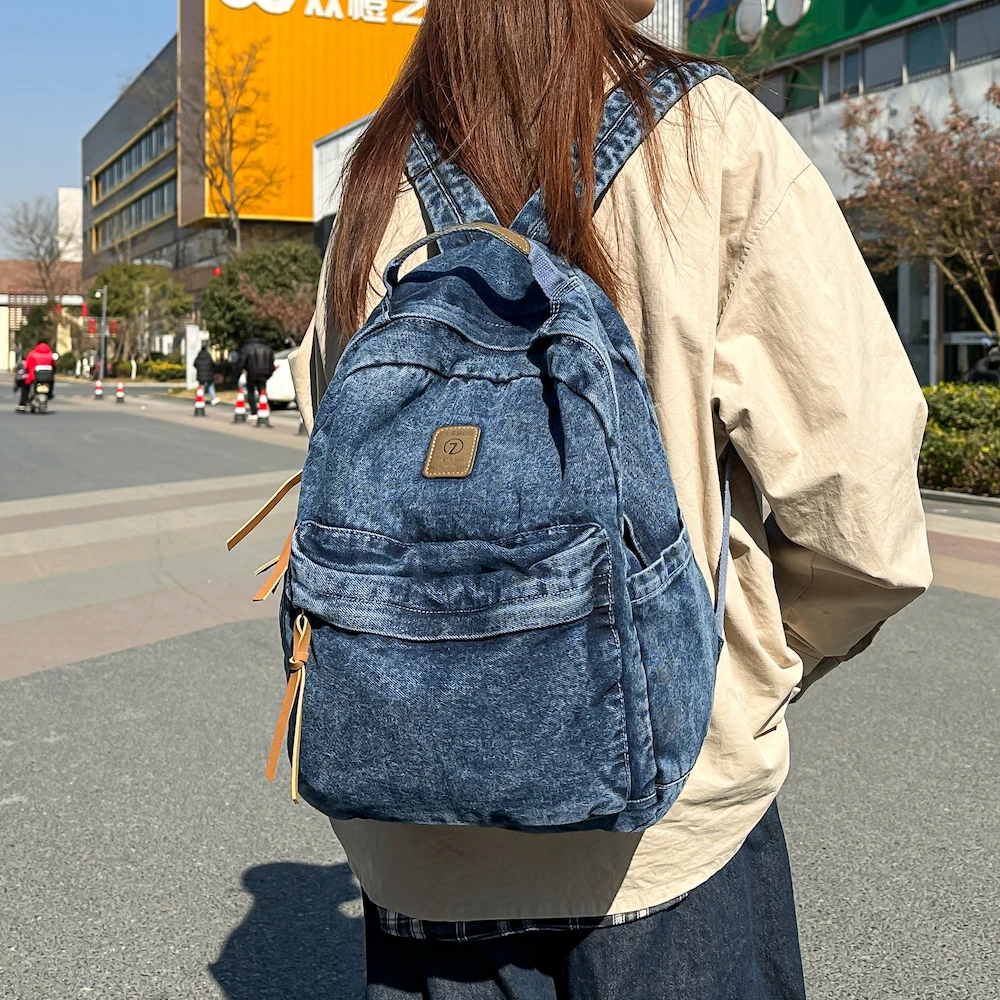 背不烂复古水洗牛仔布学生书包女大容量文艺日系休闲简约双肩包