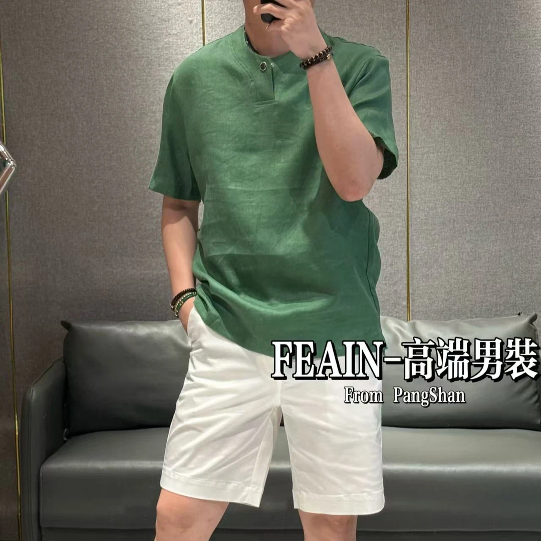 【100%亚麻】进口亚麻男士定制一粒扣领设计圆领短袖258132